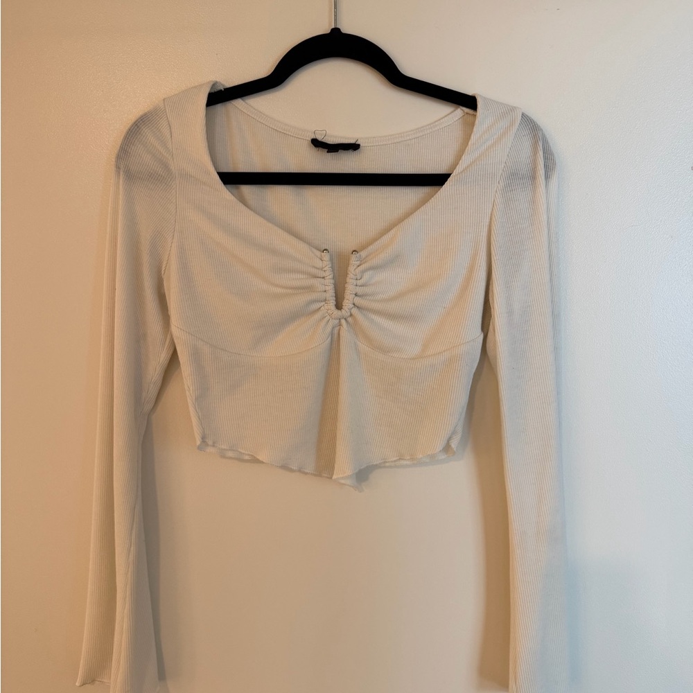 Ribbed White Ruched Long-Sleeve Cropped Top